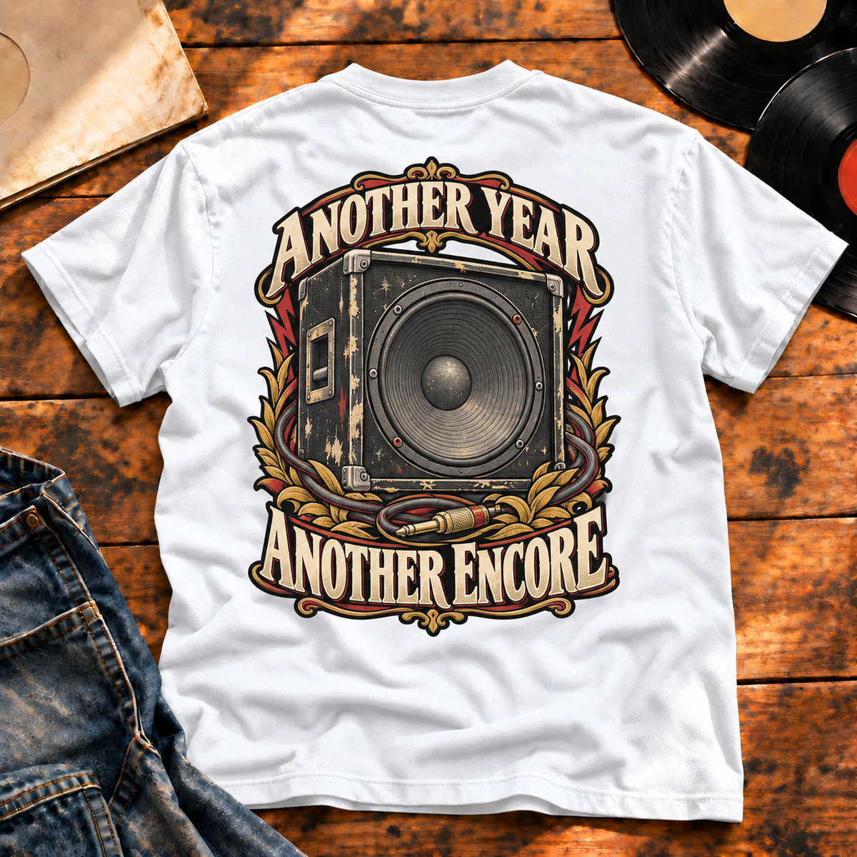 Another Year Another Encore Speaker Edition Heavyweight Tee — White back-print flatlay hero