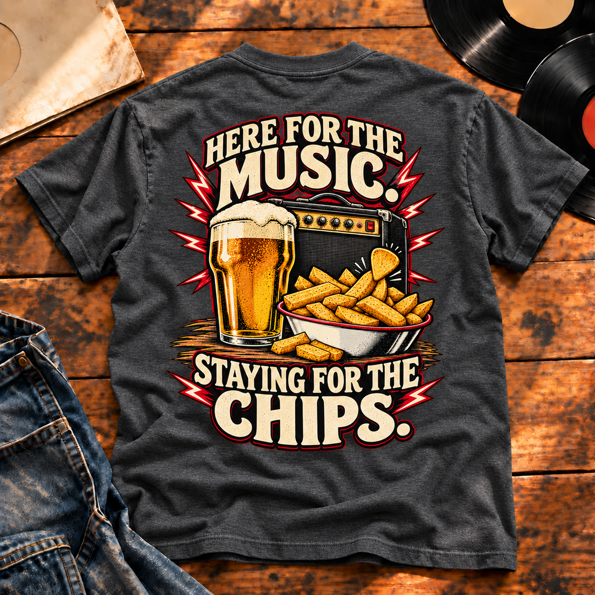 Staying for the Chips Heavyweight Tee — Charcoal Heather back print flat-lay hero