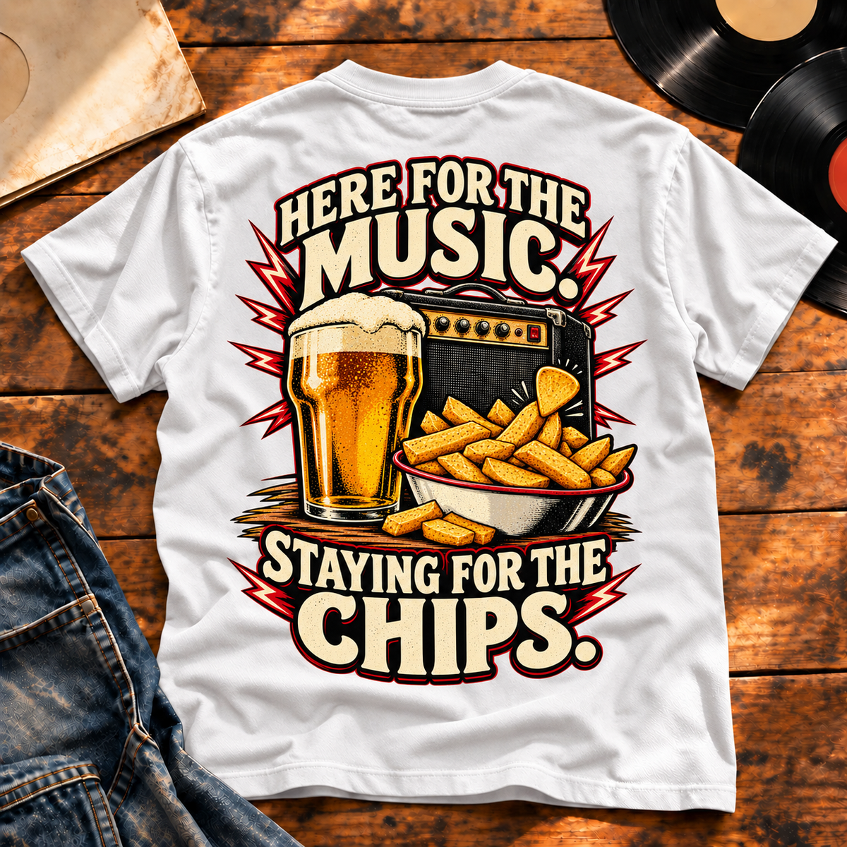 Staying for the Chips Heavyweight Tee — White back print flat-lay hero