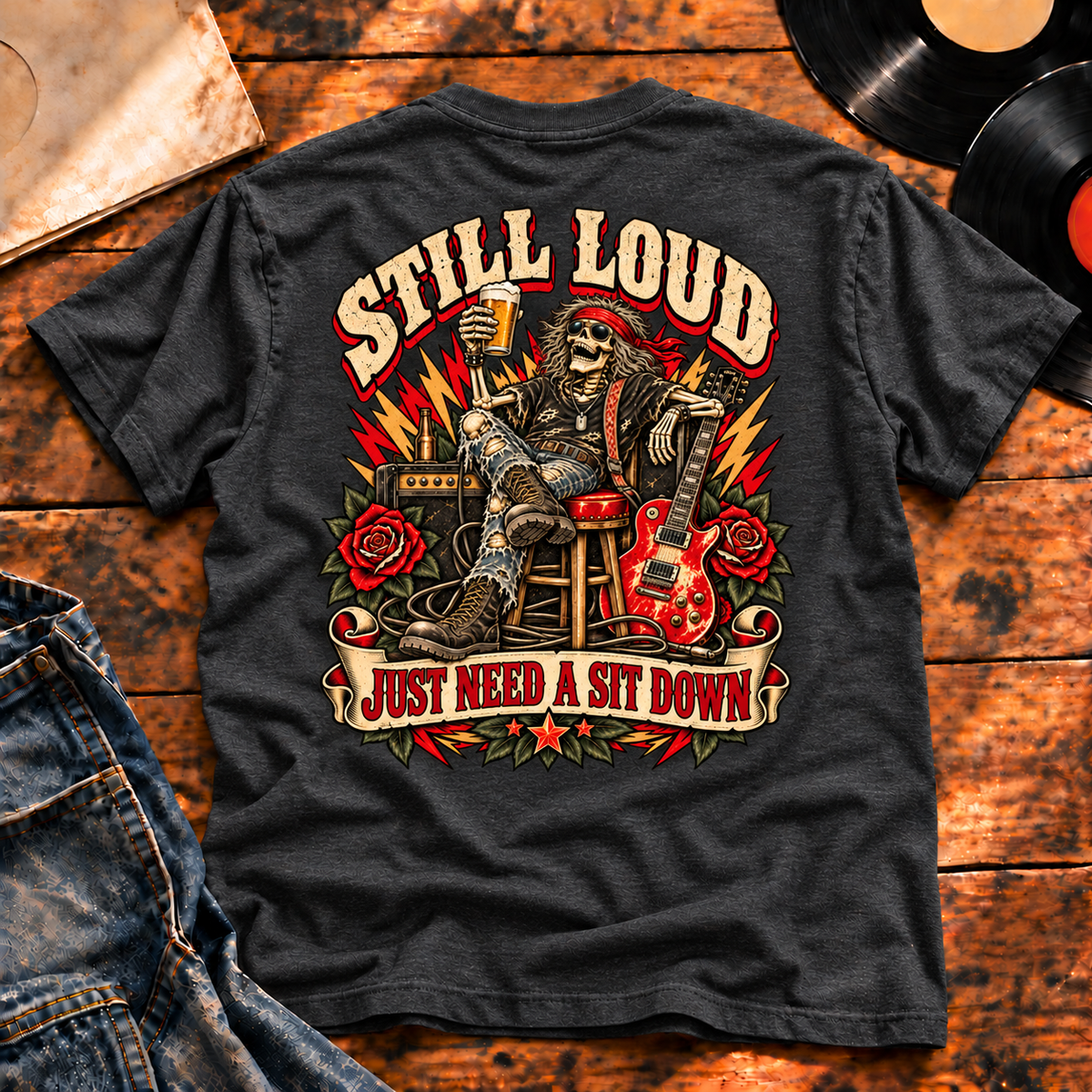 Still Loud Just Need a Sit Down Heavyweight Tee — Charcoal Heather hero — back print