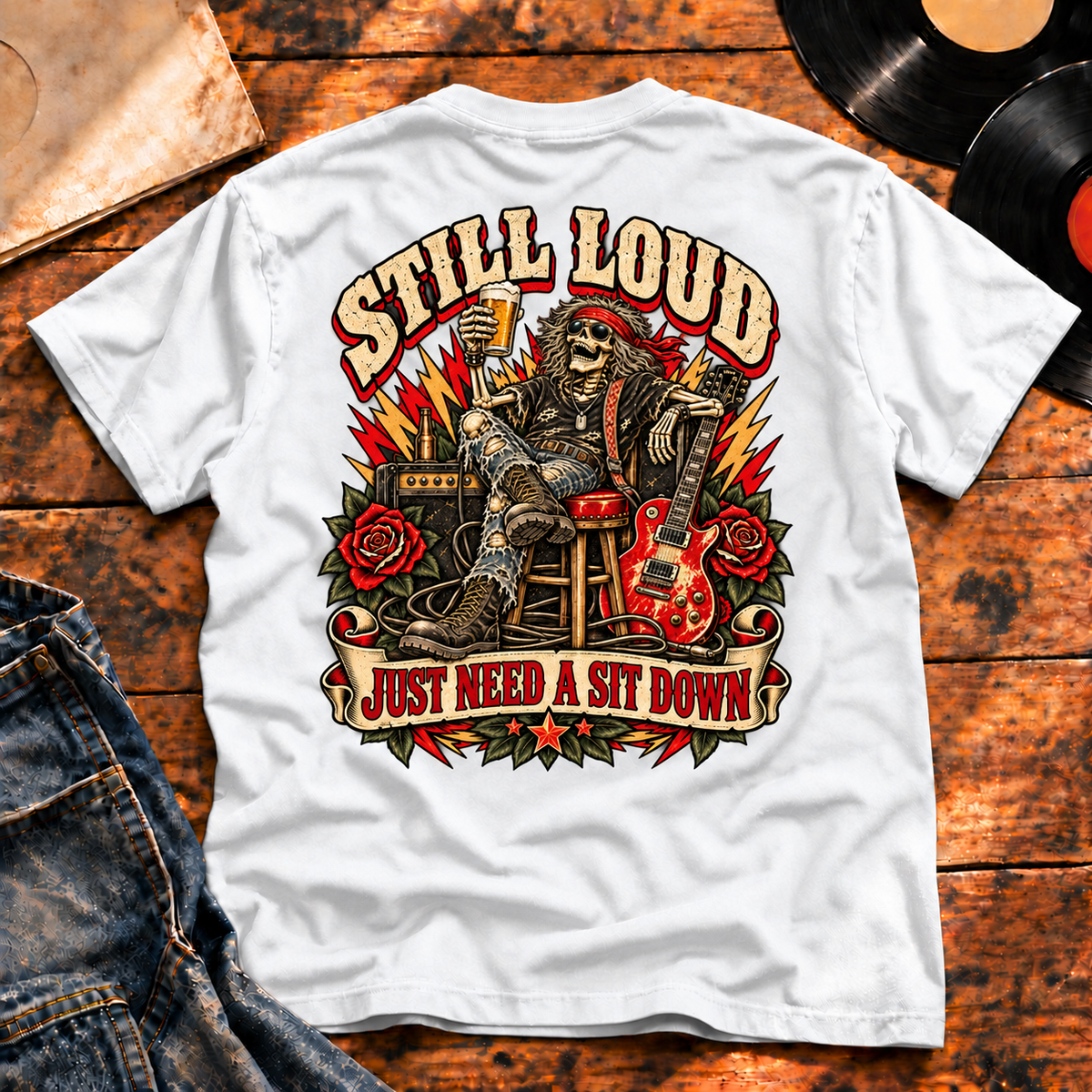 Still Loud Just Need a Sit Down Heavyweight Tee — White hero — back print