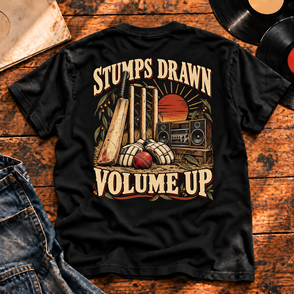 Stumps Drawn Volume Up Heavyweight Tee — black back-print hero