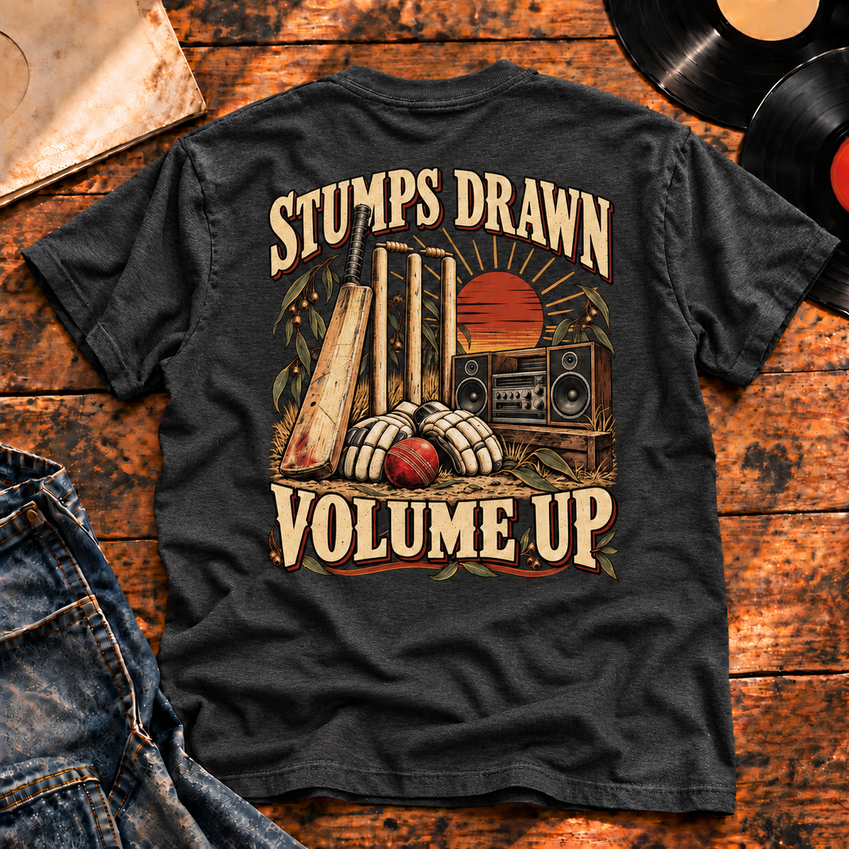 Stumps Drawn Volume Up Heavyweight Tee — charcoal back-print hero