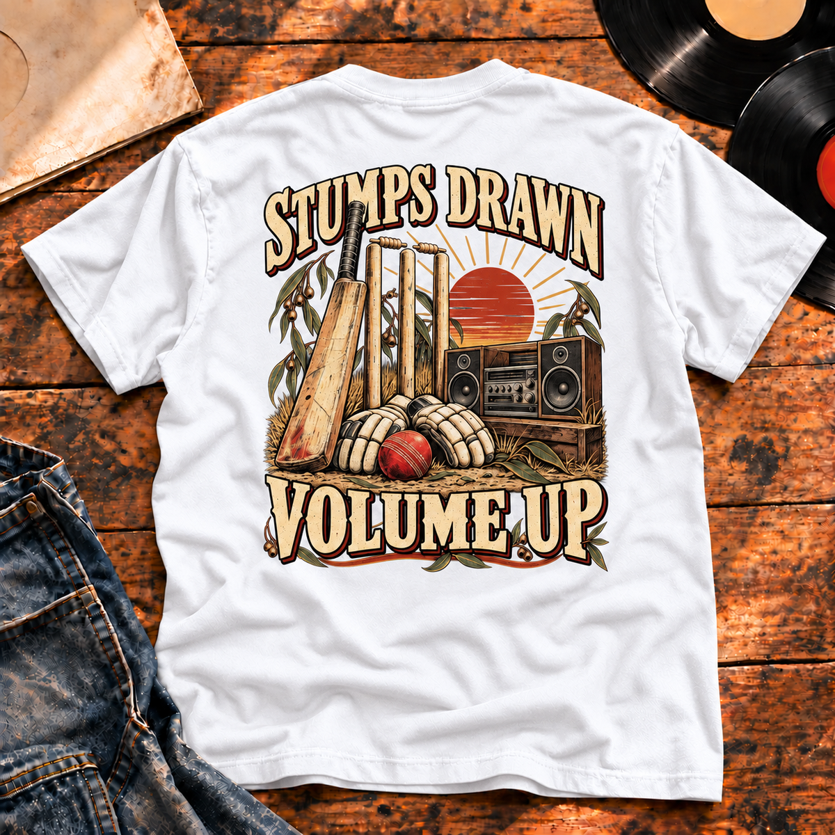 Stumps Drawn Volume Up Heavyweight Tee — white back-print hero
