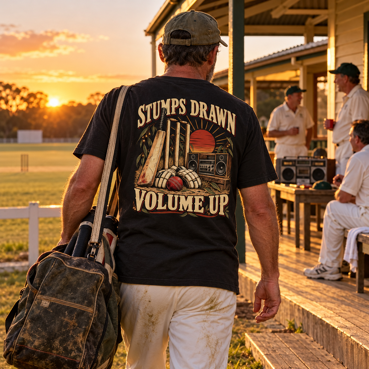 Stumps Drawn Volume Up Heavyweight Tee — Black lifestyle photograph