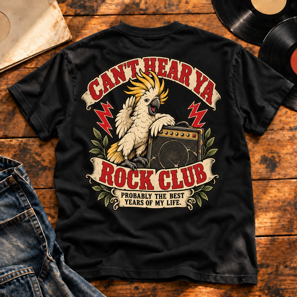 Can’t Hear Ya Rock Club Heavyweight Tee — Black back print in vintage vinyl flat-lay setting