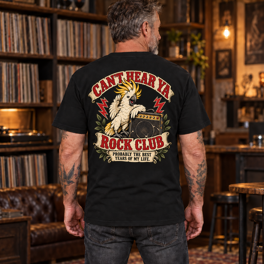 Can’t Hear Ya Rock Club Heavyweight Tee — mature model wearing Black back print