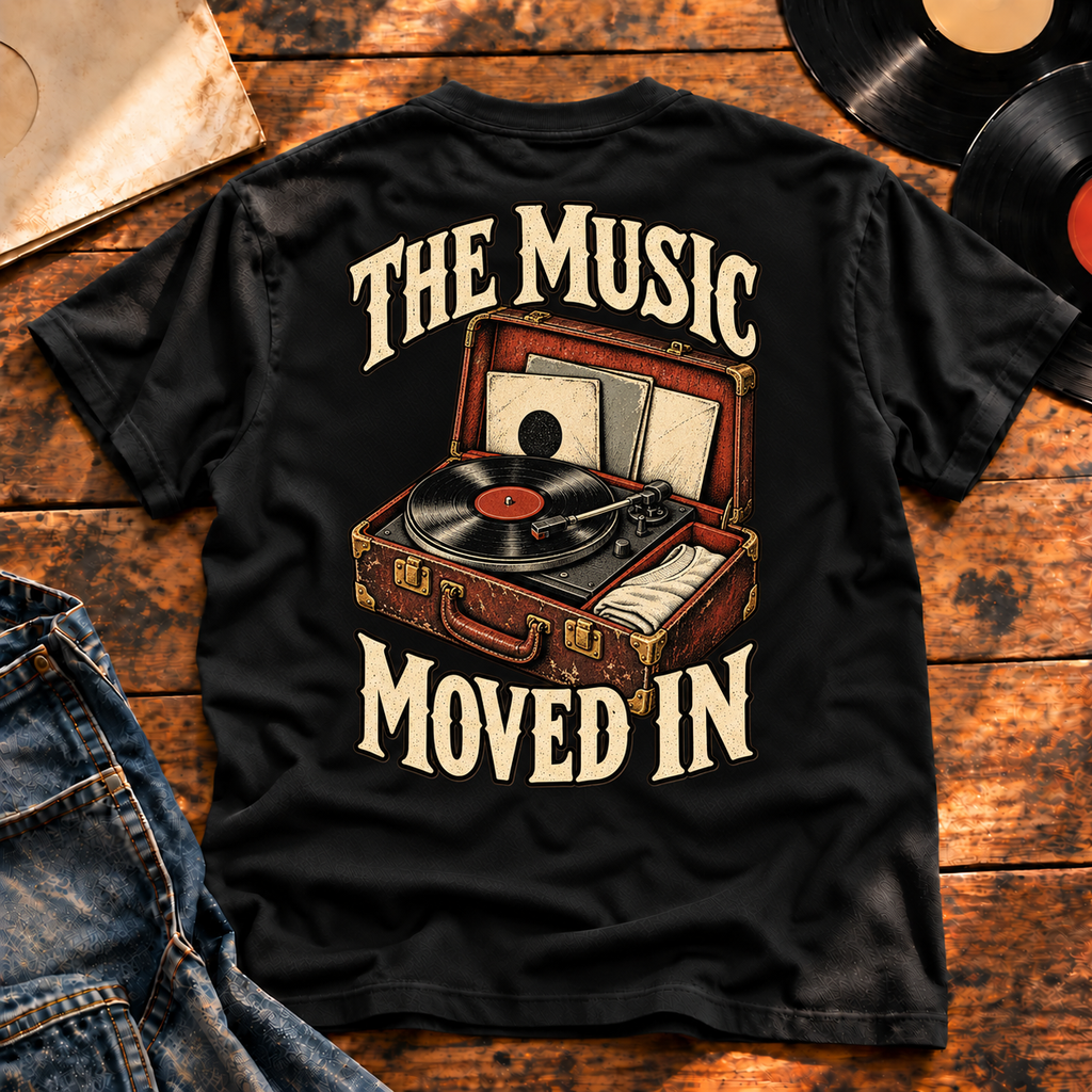 The Music Moved In Heavyweight Tee black back print hero