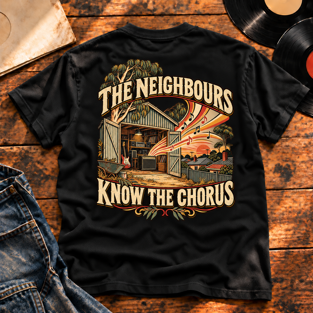 The Neighbours Know The Chorus Heavyweight Tee black back print hero