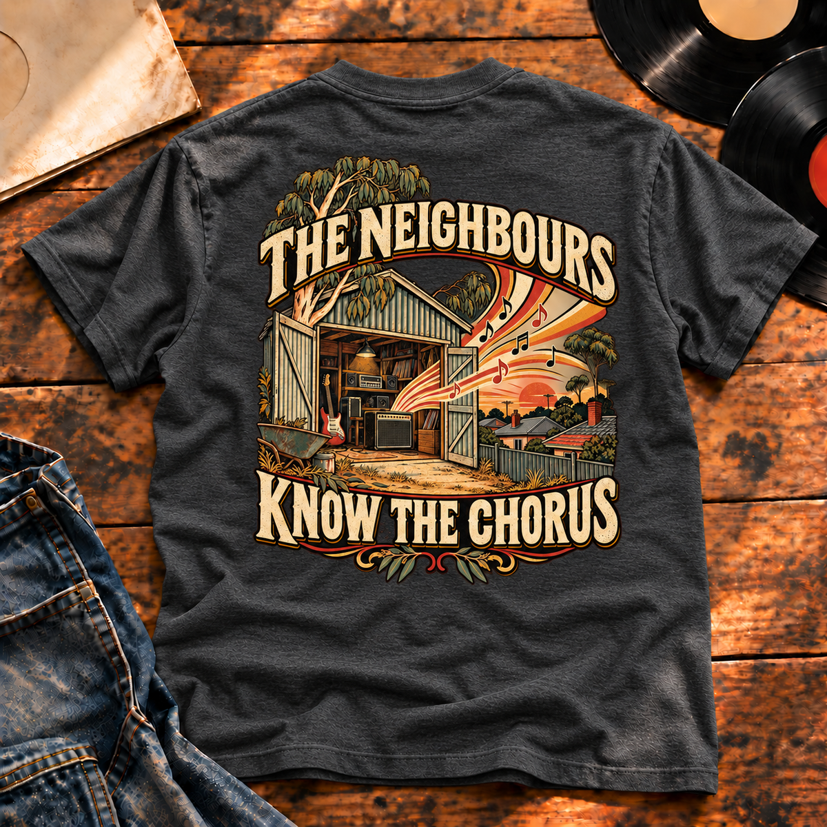 The Neighbours Know The Chorus Heavyweight Tee charcoal back print hero