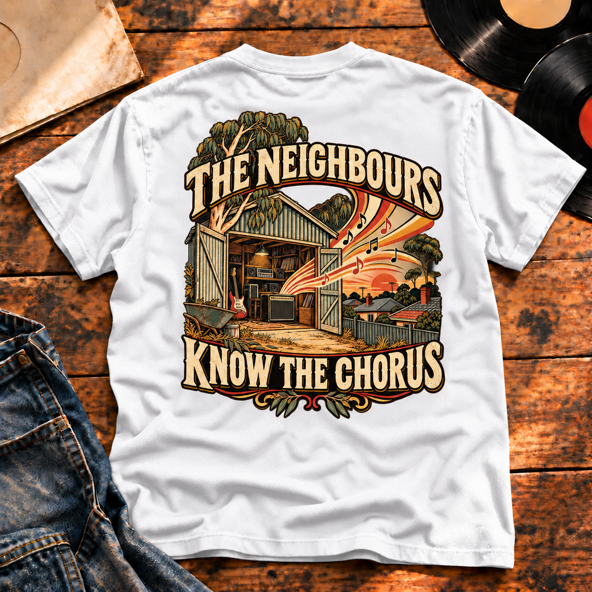 The Neighbours Know The Chorus Heavyweight Tee white back print hero