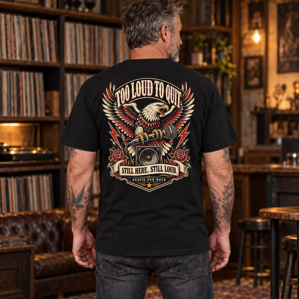Too Loud to Quit Heavyweight Tee — mature model wearing the black back-print tee