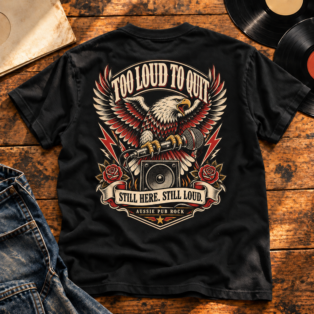Too Loud to Quit Heavyweight Tee — black back-print tee in vintage vinyl setting