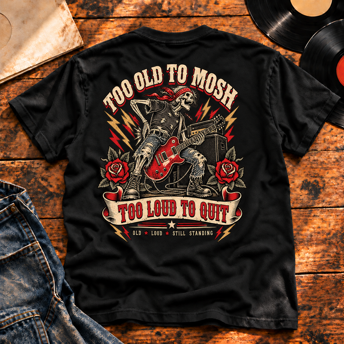 Too Old to Mosh Heavyweight Tee — Black hero — back print