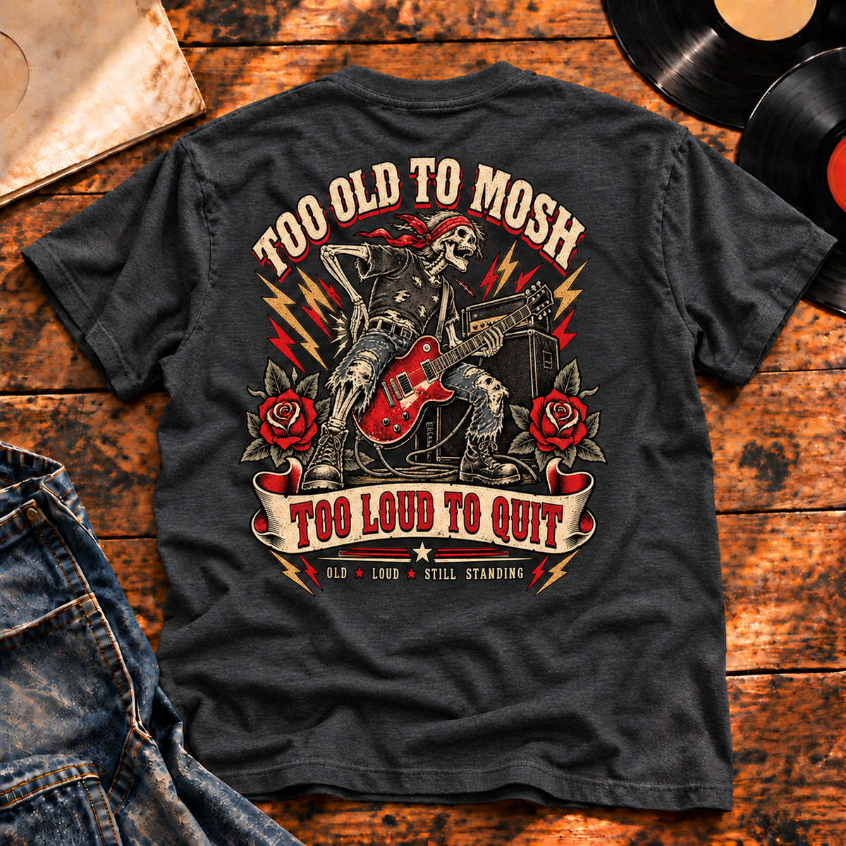 Too Old to Mosh Heavyweight Tee — Charcoal Heather hero — back print