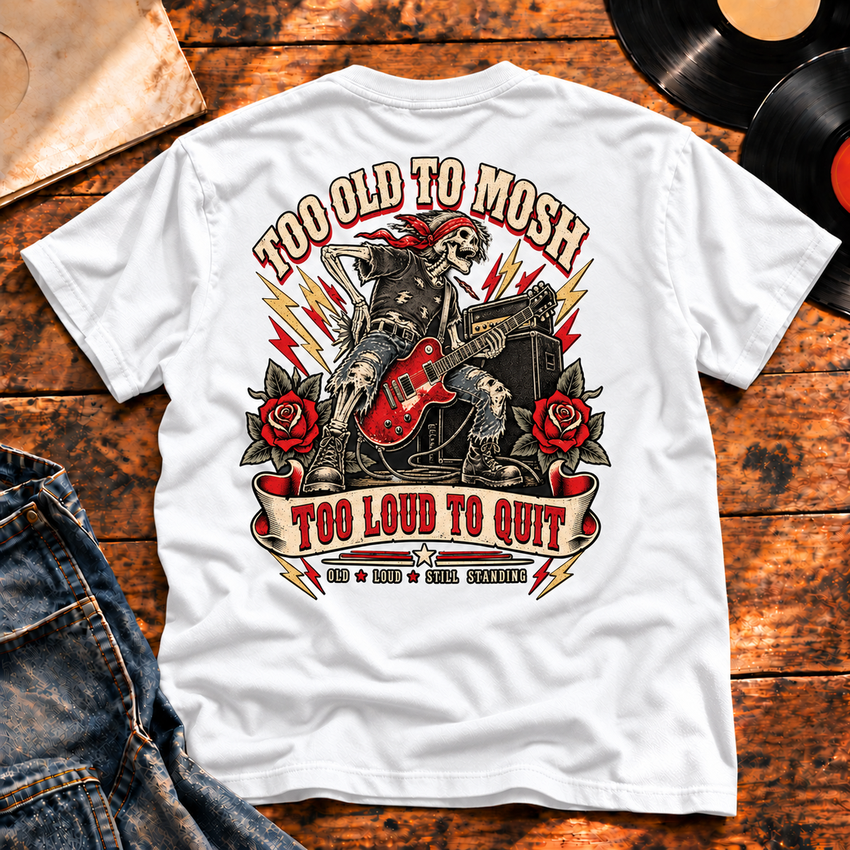 Too Old to Mosh Heavyweight Tee — White hero — back print