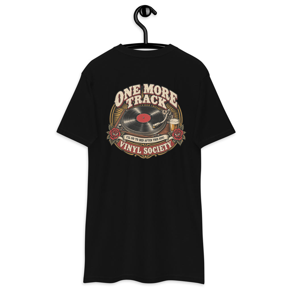 One More Track Vinyl Society Heavyweight Tee — Black back print, original Printful hanging tee mockup