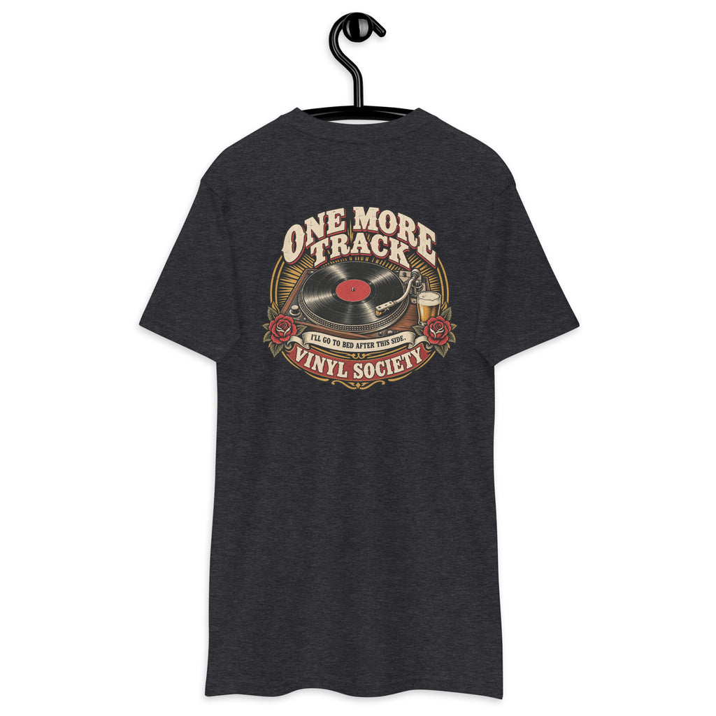 One More Track Vinyl Society Heavyweight Tee — Charcoal Heather back print, original Printful hanging tee mockup
