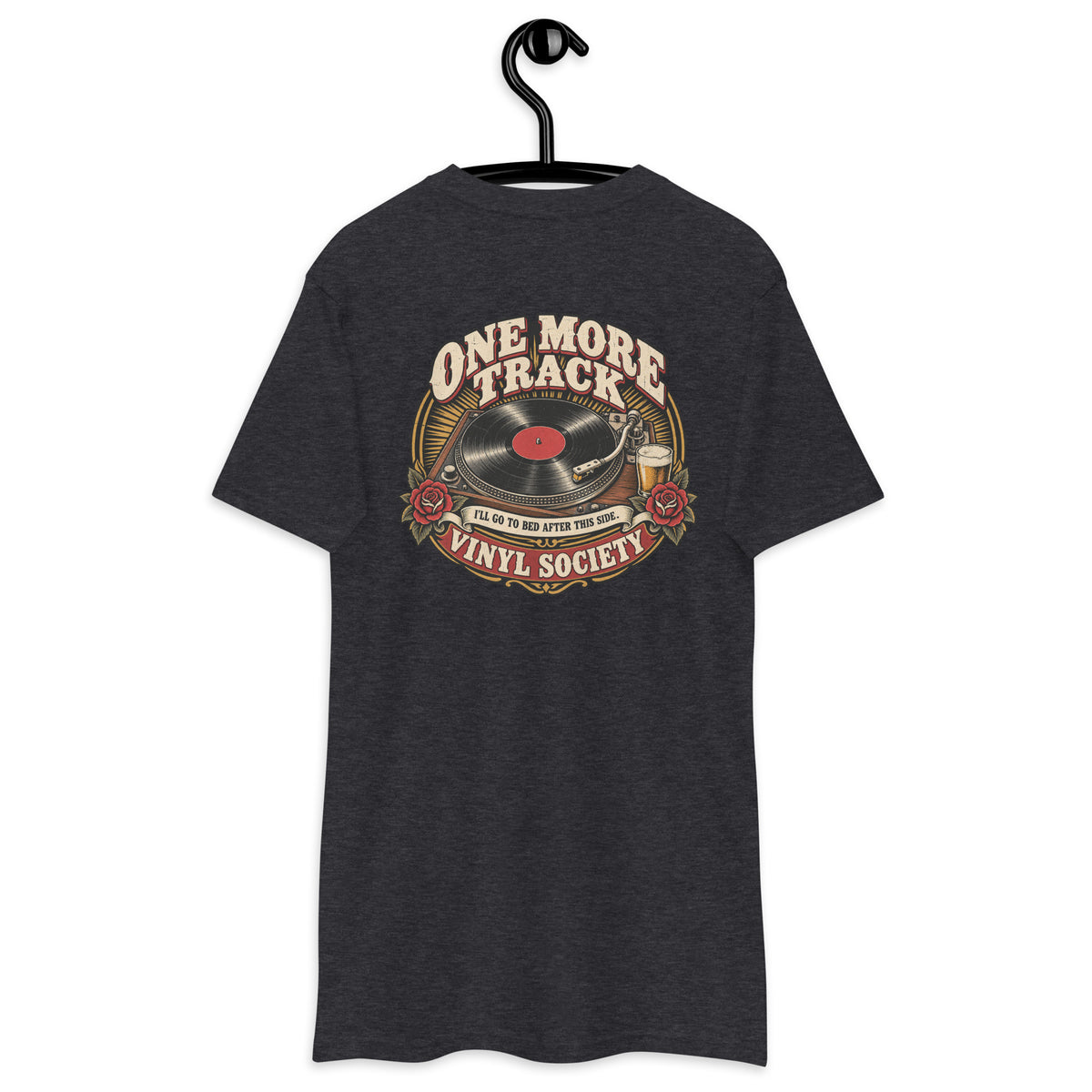 One More Track Vinyl Society Heavyweight Tee — Charcoal Heather back print, original Printful hanging tee mockup