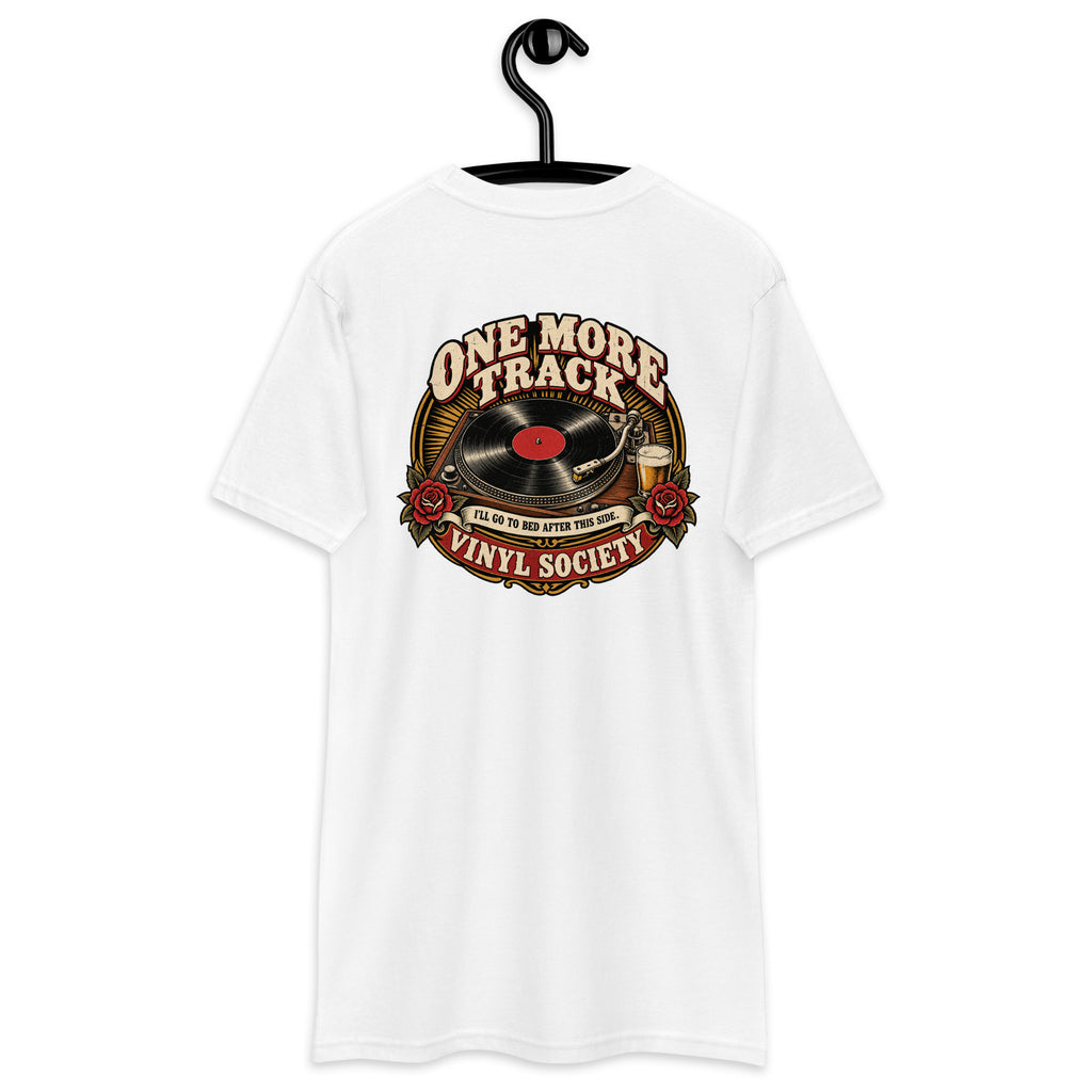 One More Track Vinyl Society Heavyweight Tee — White back print, original Printful hanging tee mockup