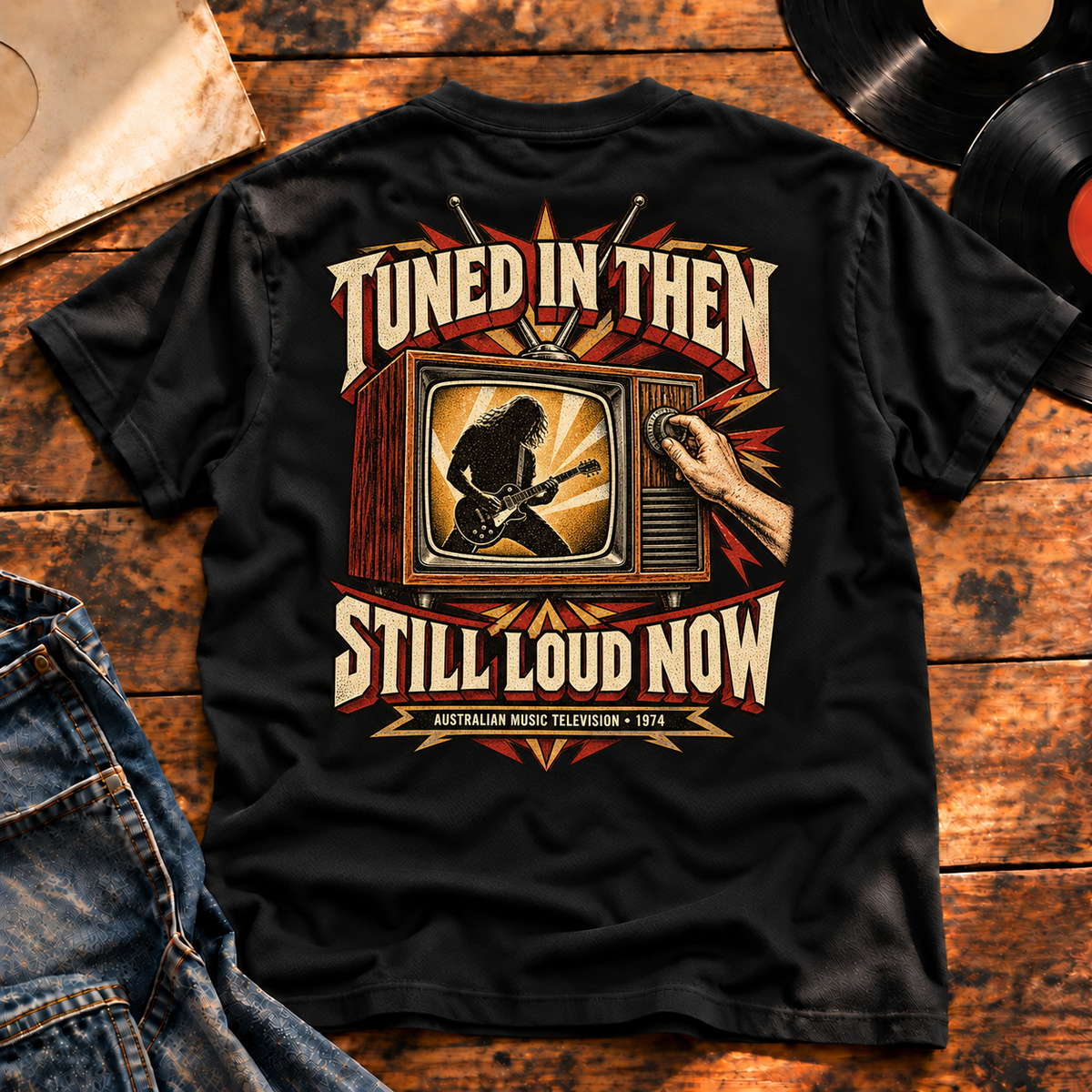 Tuned In Then Still Loud Now Heavyweight Tee — black back-print vinyl hero