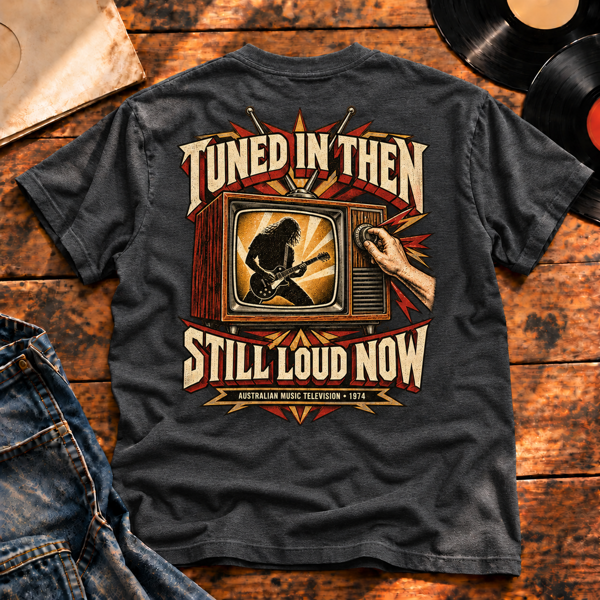 Tuned In Then Still Loud Now Heavyweight Tee — charcoal heather back-print vinyl hero