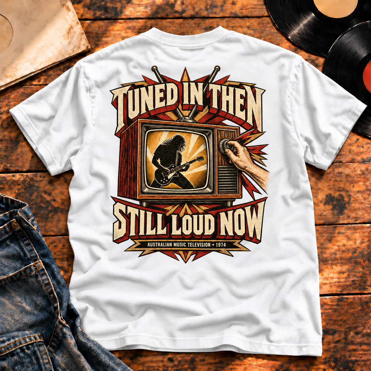 Tuned In Then Still Loud Now Heavyweight Tee — white back-print vinyl hero