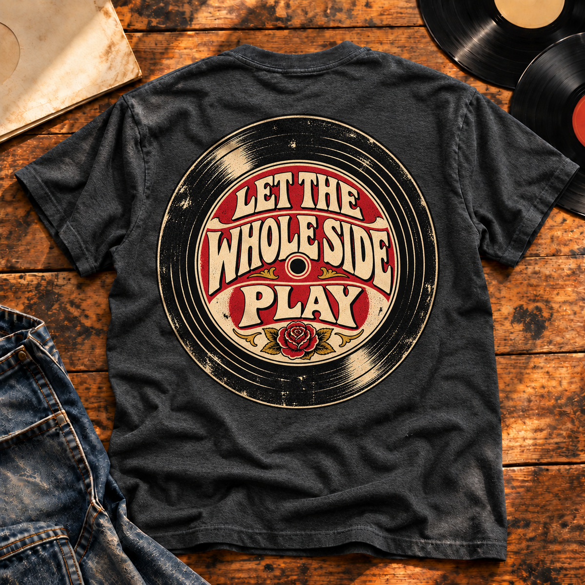Let the Whole Side Play — Charcoal Heather vinyl flat-lay back view