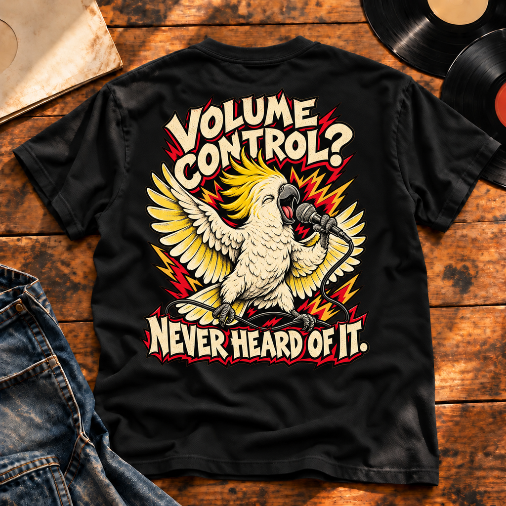Volume Control Never Heard of It Heavyweight Tee — Black back print flat-lay hero