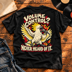Volume Control Never Heard of It Heavyweight Tee — Black back print flat-lay hero