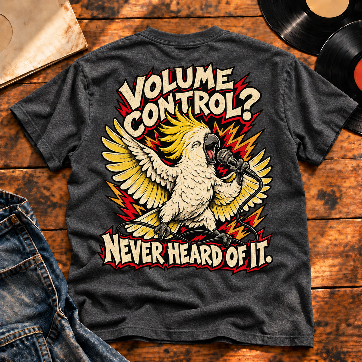 Volume Control Never Heard of It Heavyweight Tee — Charcoal Heather back print flat-lay hero