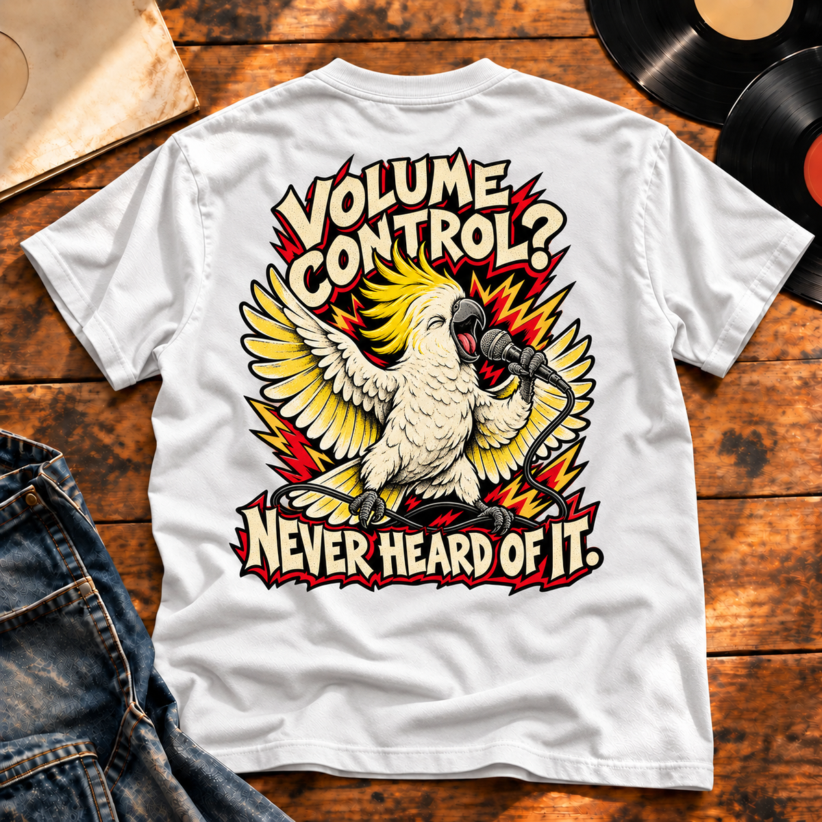 Volume Control Never Heard of It Heavyweight Tee — White back print flat-lay hero