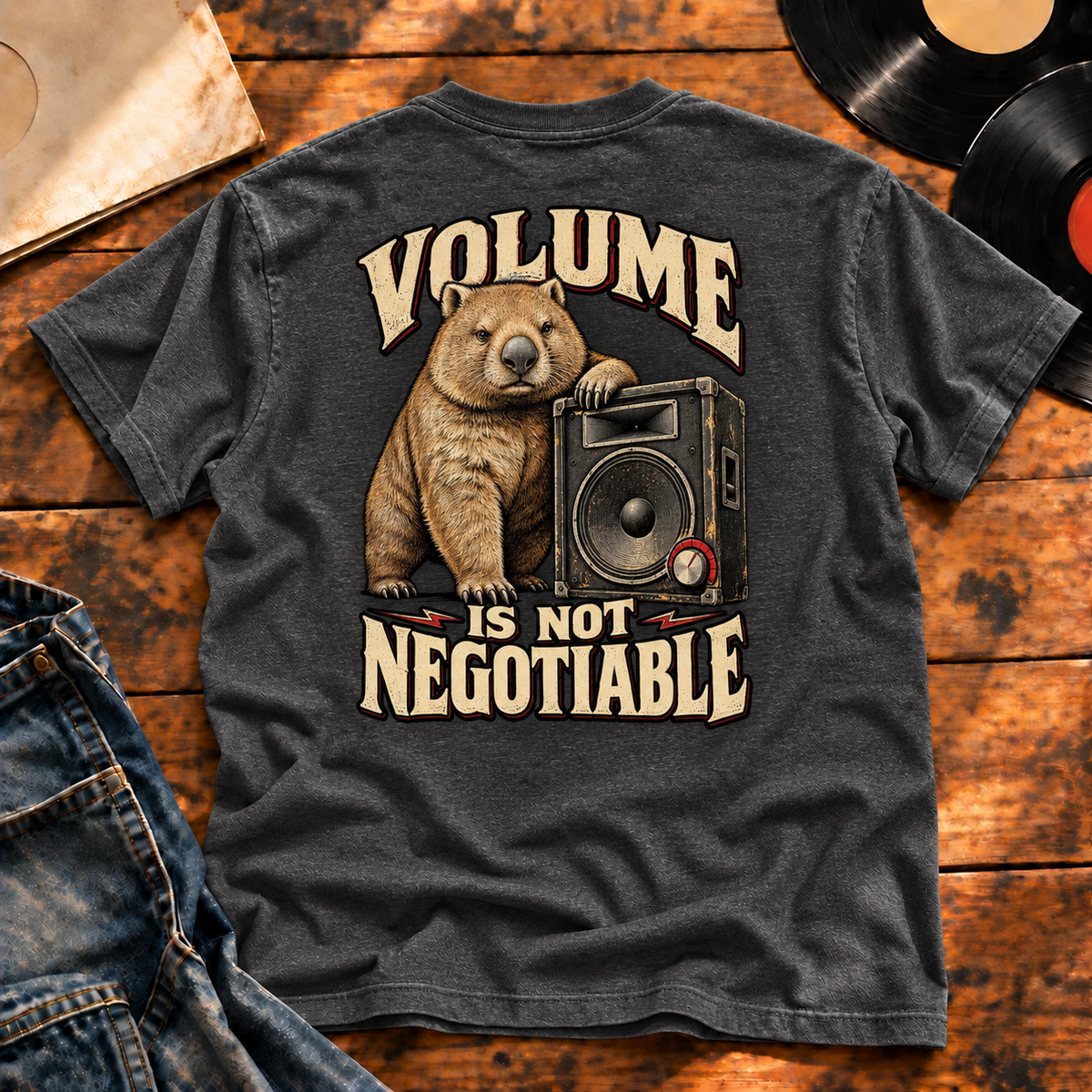 Volume Is Not Negotiable Heavyweight Tee — Charcoal Heather back-print flatlay hero