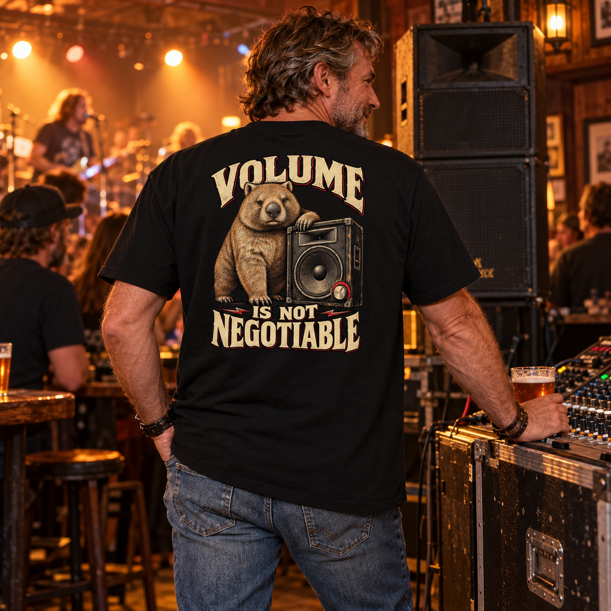 wombat design — generated lifestyle model wearing black back-print heavyweight tee