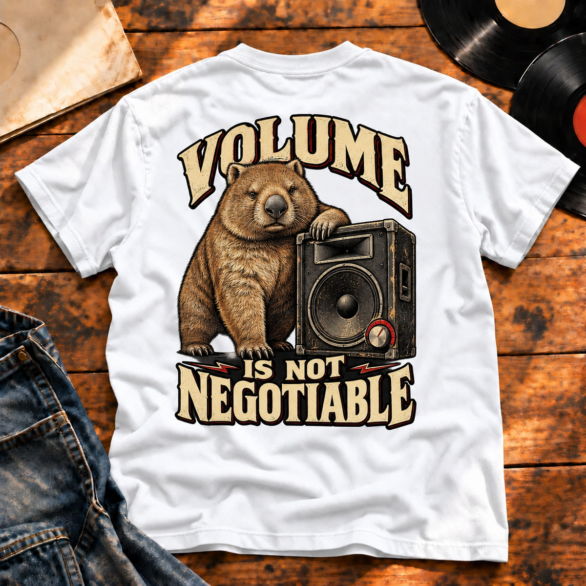 Volume Is Not Negotiable Heavyweight Tee — White back-print flatlay hero
