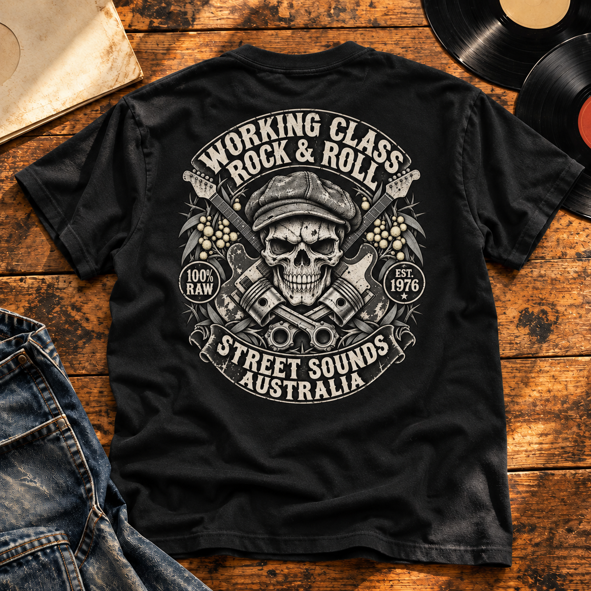 Working Class Rock & Roll Heavyweight Tee — black back print in vintage vinyl setting
